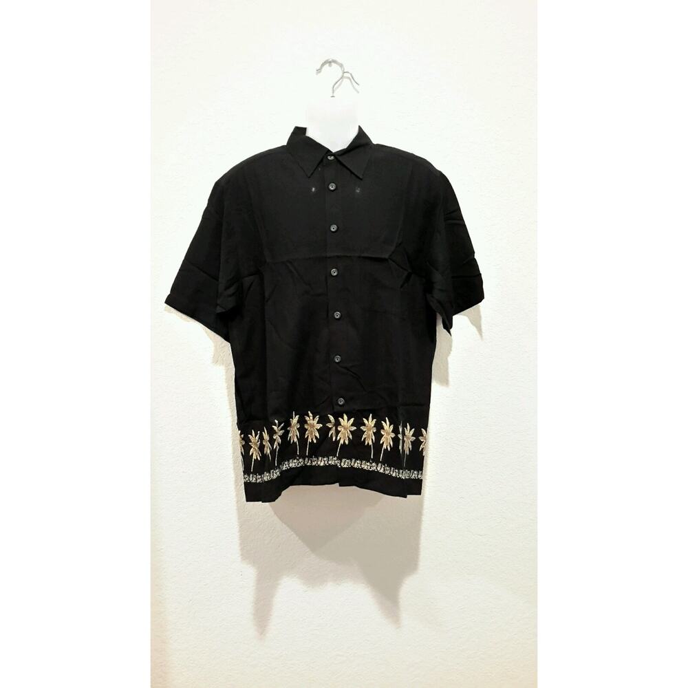 Cambridge Classics black mens med Hawaiian shirt Rayon‎ palm tree EUC